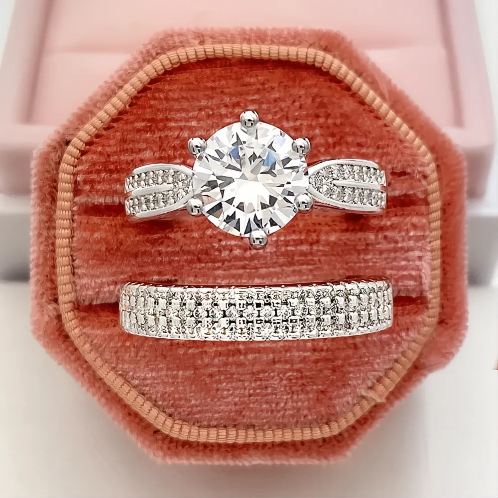 2 Pcs Shiny Square Stack Rings Set with Round Sparkly Zirconia Inlaid Metal Bridal Jewelry for Women