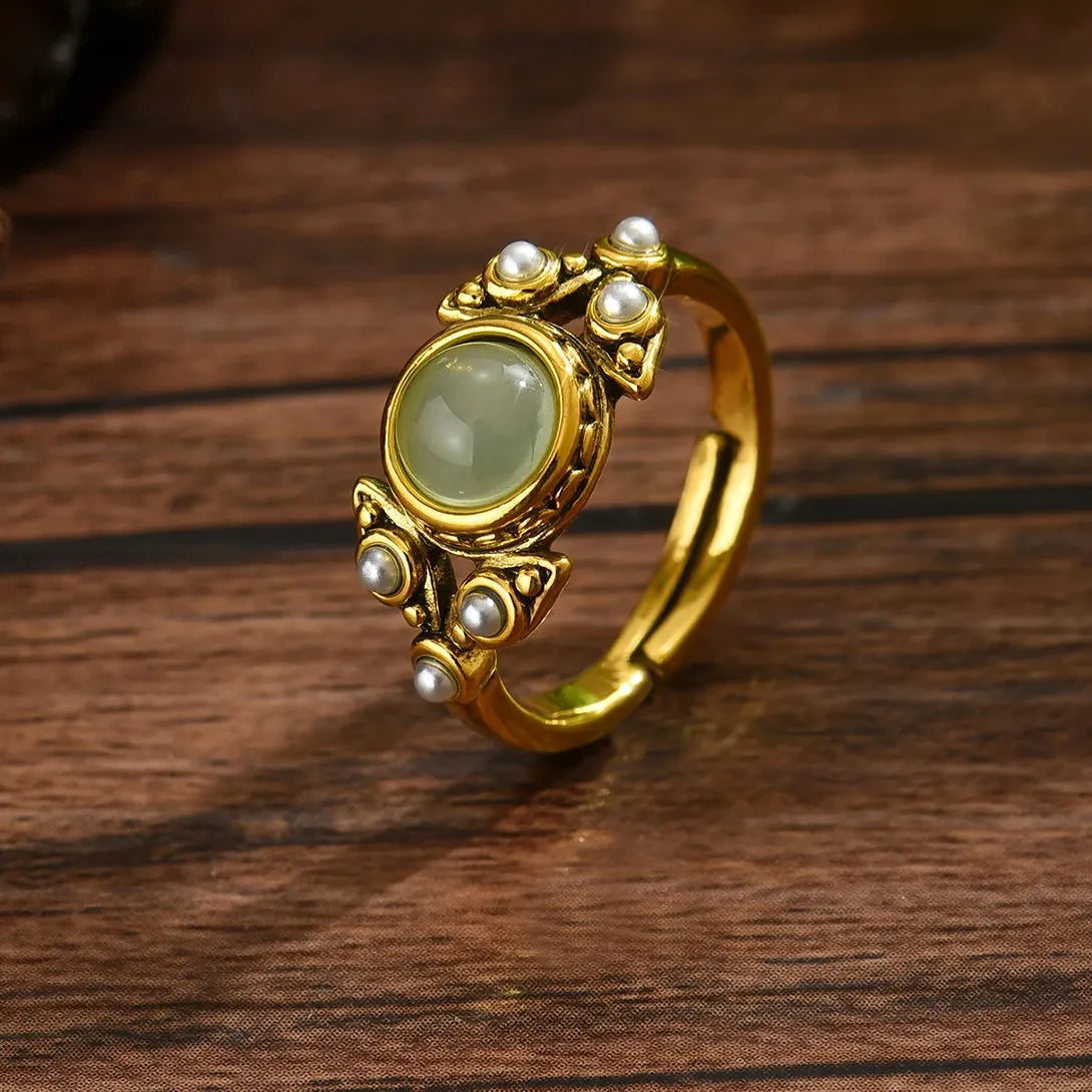 Retro Bohemian Copper Pearl Ring and Geometric Earrings Set for Women