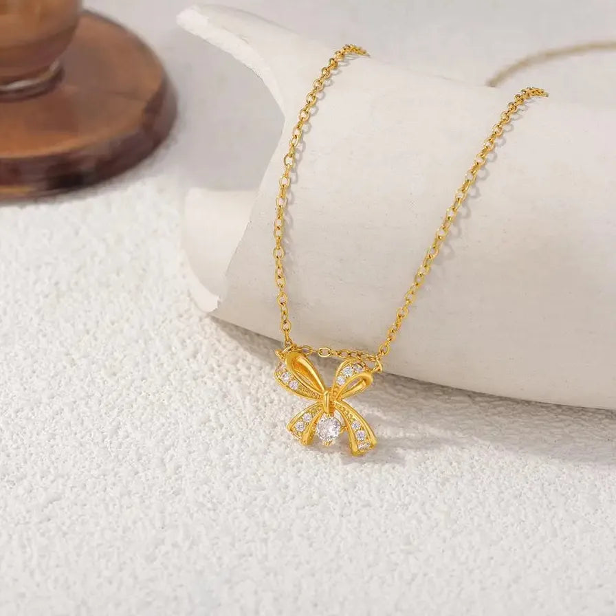 18K Gold Plated Butterfly Bowknot Pendant Necklace Women CZ Zircon Choker Jewelry