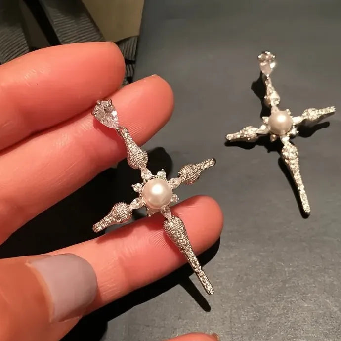 Luxury Cross Pendant Drop Earrings with Cubic Zirconia & Simulated Pearl Brass