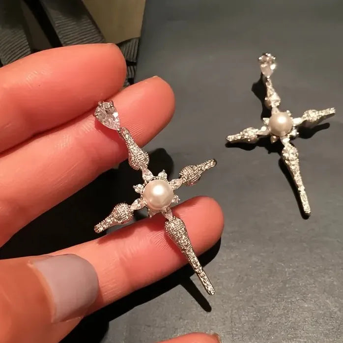 Luxury Cross Drop Earrings for Women with Zirconia and Pearl Accents