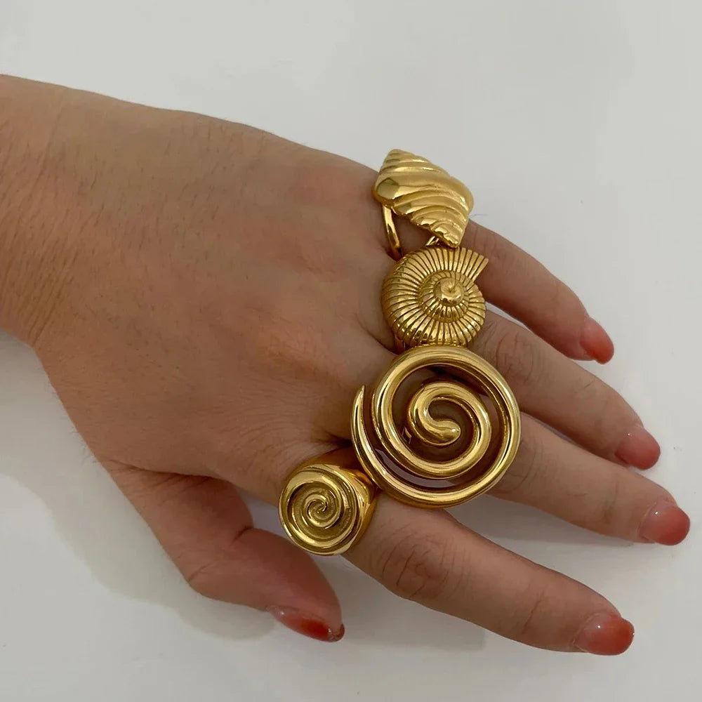 18K Gold Plated 316L Stainless Steel Seashell Scallop Chunky Ring Retro Jewelry