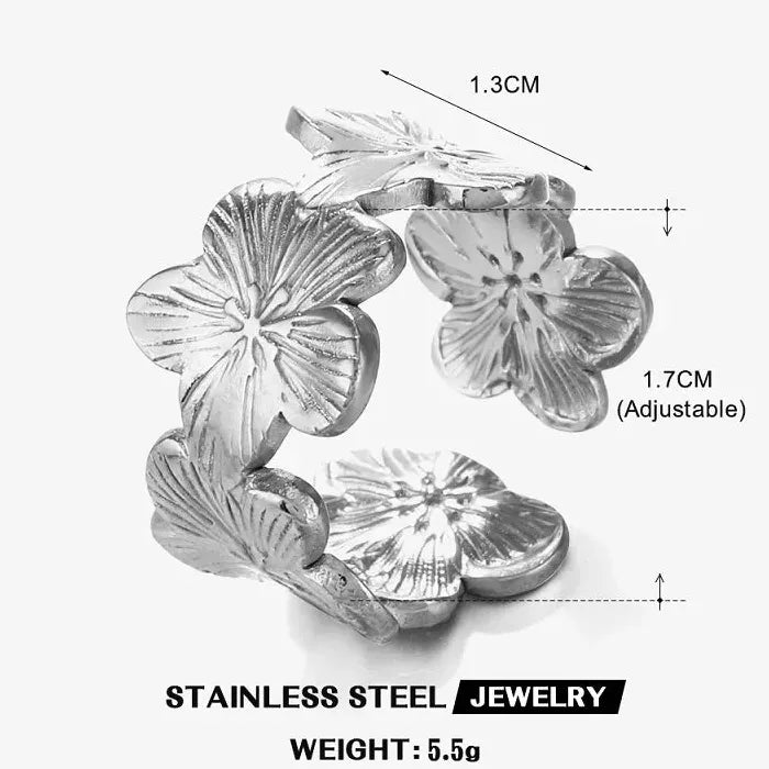 Adjustable Stainless Steel Flower Ring for Women Vintage Gold Petal Jewelry Gift