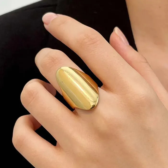Adjustable Vintage Geometric Stainless Steel Wide Oval Ring for Women Gold Tone