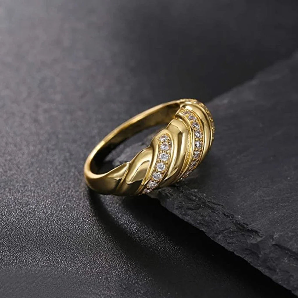 Italianate Inlaid Cubic Zirconia Stainless Steel Chunky Geometric Wedding Ring