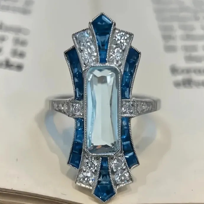 Luxury Blue Cubic Zirconia Cocktail Ring Brass Anniversary Gift for Women