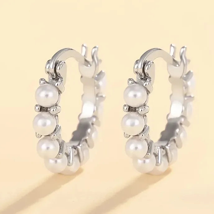 Elegant Geometric Simulated Pearl Hoop Earrings for Women Silver Color Brass Alloy Jewelry