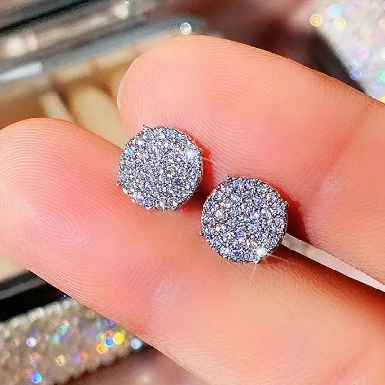 Round Stud Earrings with Shiny CZ Stone Silver Gold Copper Metal Jewelry Women