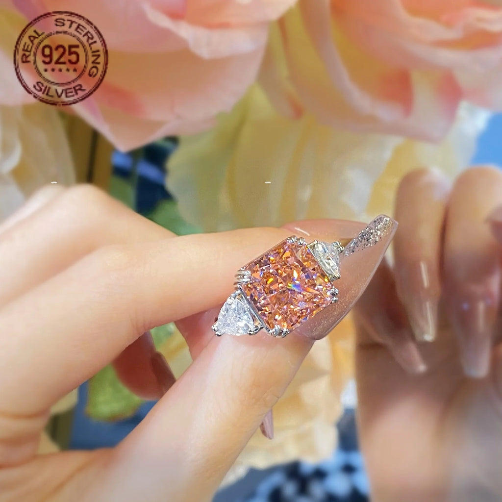 12MM Square Ice Flower Yellow Citrine Ring 925 Sterling Silver Women