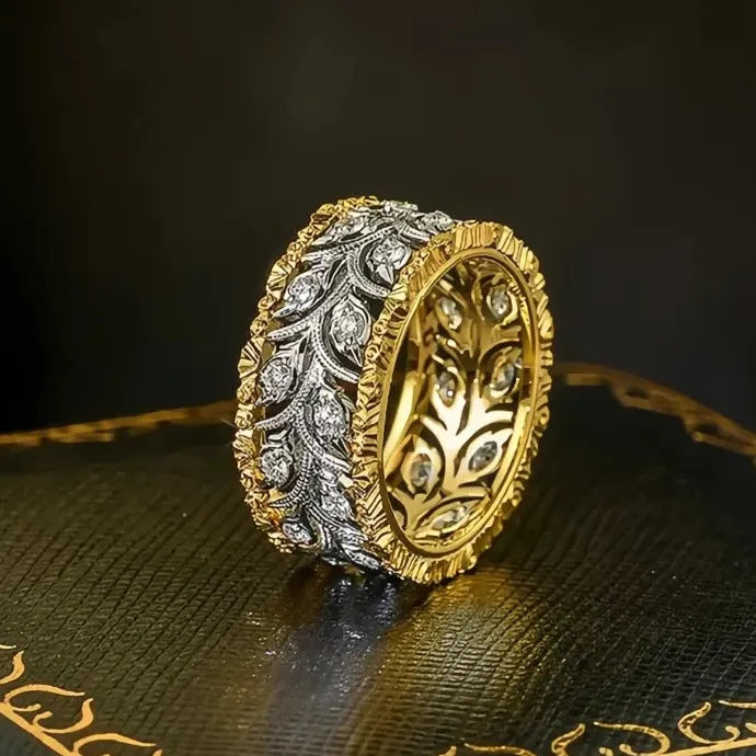 Two-tone Hollow-out Leaf Pattern Brass Ring with Cubic Zirconia for Women Wedding Jewelry