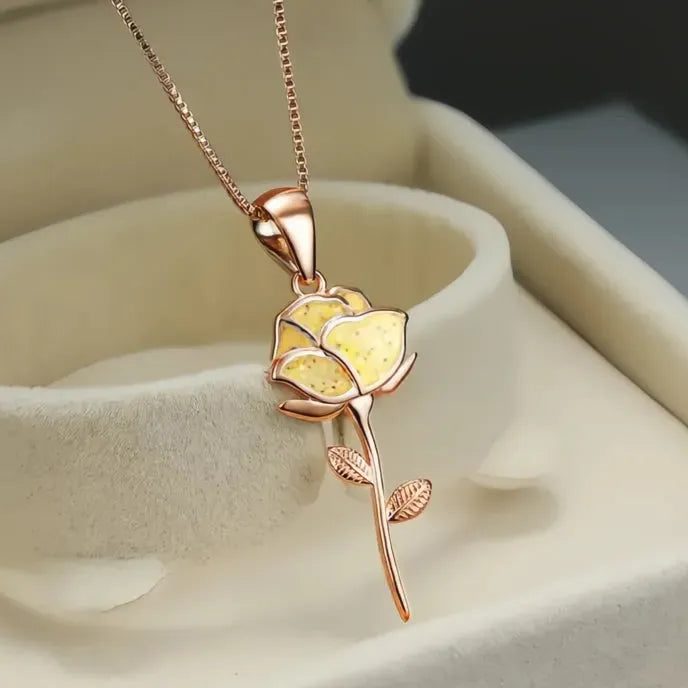 Yellow Rose Flower Pendant Necklace for Women Copper Alloy Rose Gold Jewelry Wedding Engagement Party