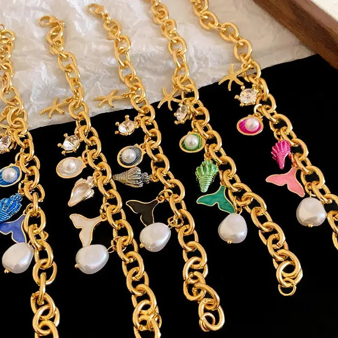Drop Oil Fish Tail Conch Pearl Copper Alloy Chain Bracelet for Men & Women