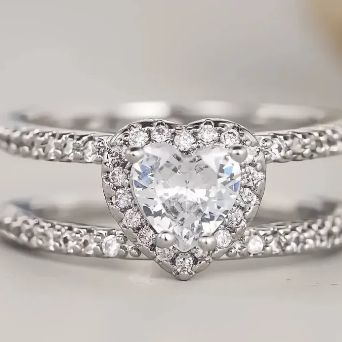 Double Layered Heart CZ Brass Ring Women Engagement Wedding Gift