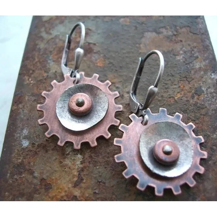 Vintage Silver Gear Drop Earrings for Women Zinc Alloy Dangle Jewelry