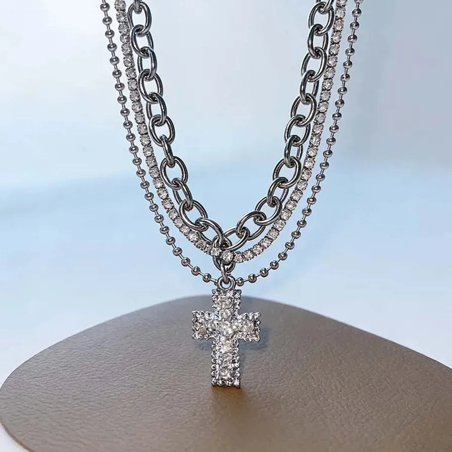 Punk Zircon Cross Pendant Necklace Gothic Jewelry for Men Women Stylish