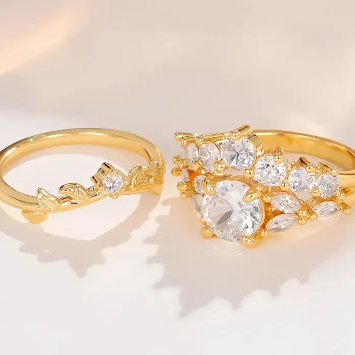 Women Wedding Ring Set 2Pcs Leaf Design Luxury Cubic Zirconia Jewelry