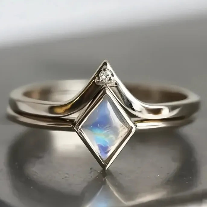 Rhombic Imitation Opal 2Pcs Silver Color Rings for Women Wedding Party Trendy Jewelry