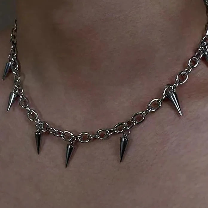 Punk Gothic Silver Cone Pendant Necklace Featuring Tassel Chain for Women