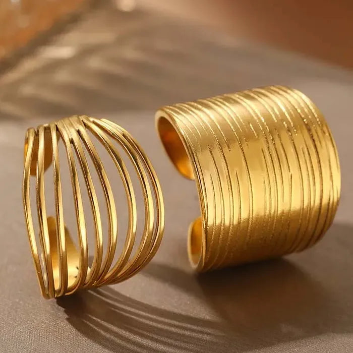 Adjustable Stainless Steel Hollow Geometric Open Ring for Women Gold Jewelry