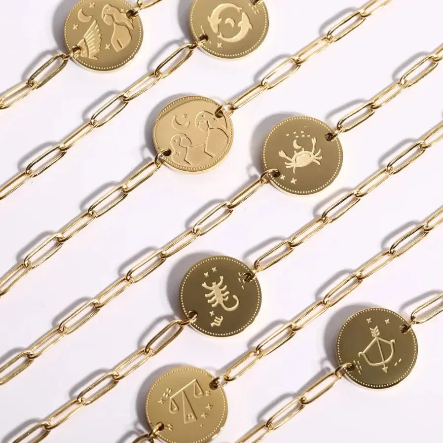 Handmade 12 Zodiac Sign Bracelet Titanium 18k Gold Plated Waterproof Hypoallergenic