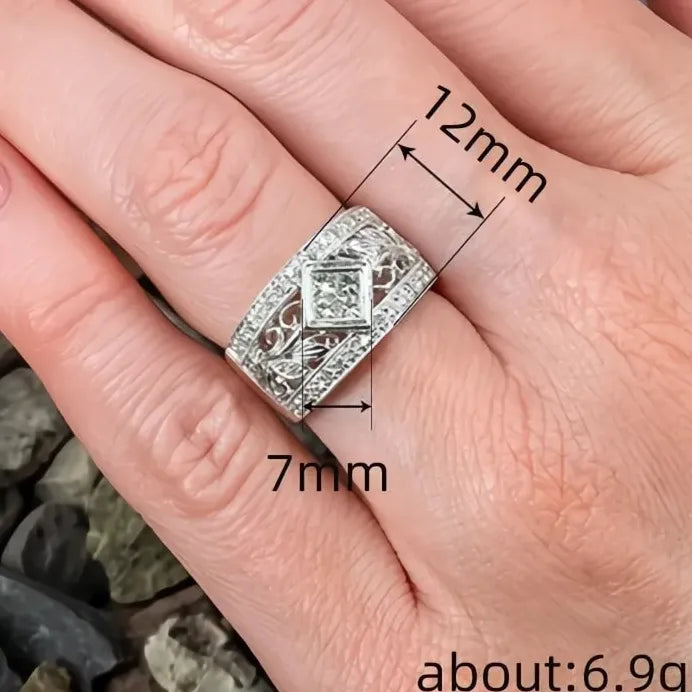 Vintage Luxury Silver Hollow Out CZ Cocktail Ring for Women Gift