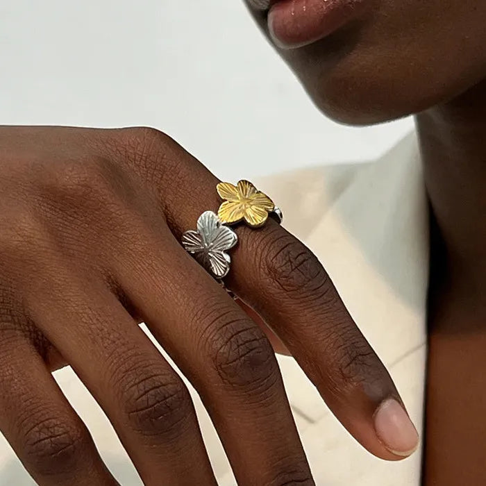 Adjustable Stainless Steel Flower Ring for Women Vintage Party Jewelry Gift