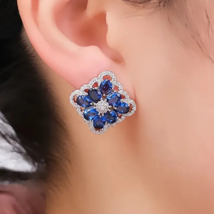 Blue Geometric Cubic Zirconia Stud Earrings for Women Wedding Gift