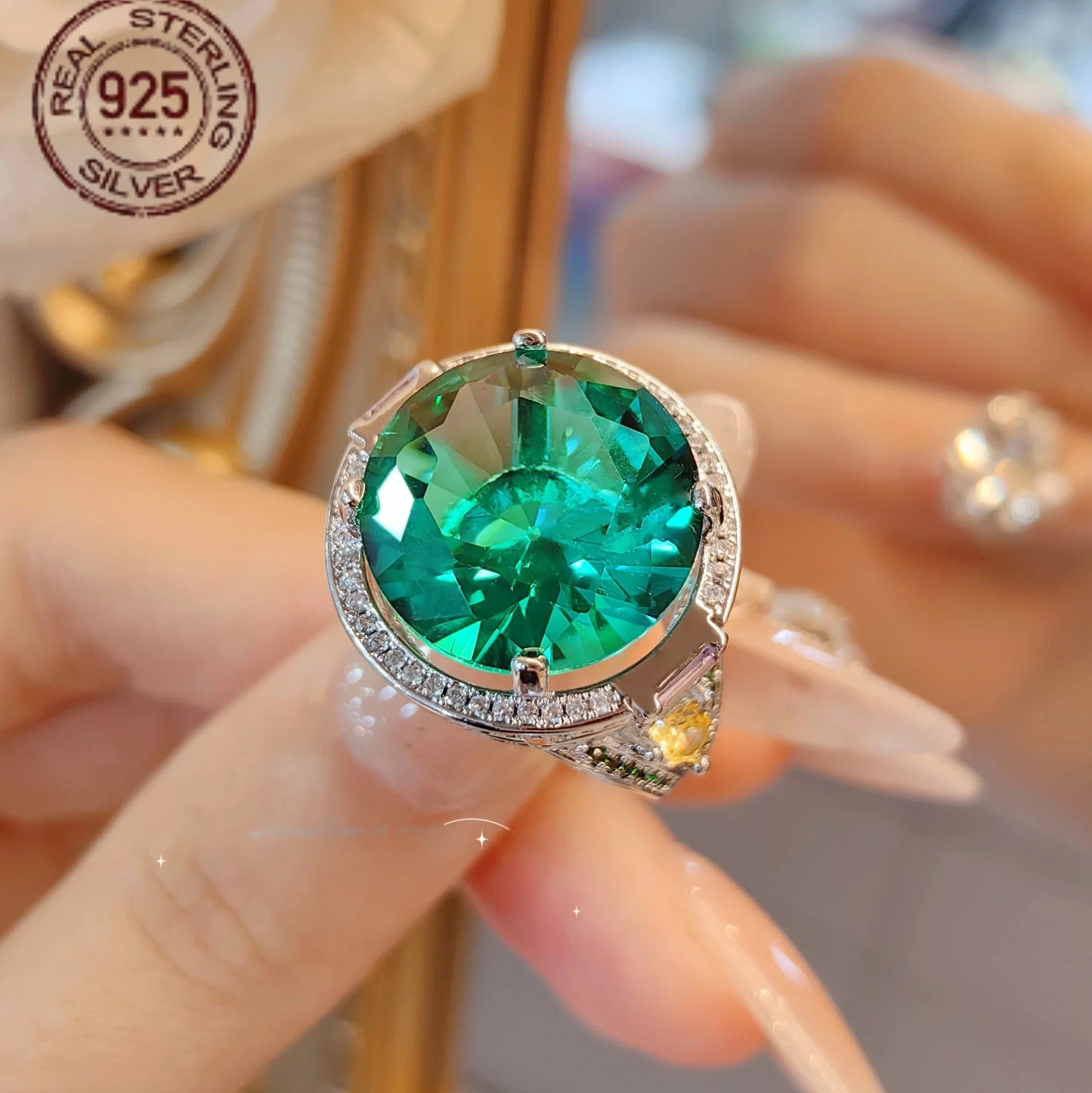 2026 Round Cut Lab Emerald Ring 925 Sterling Silver – Vintage Hollow White Gold Plated