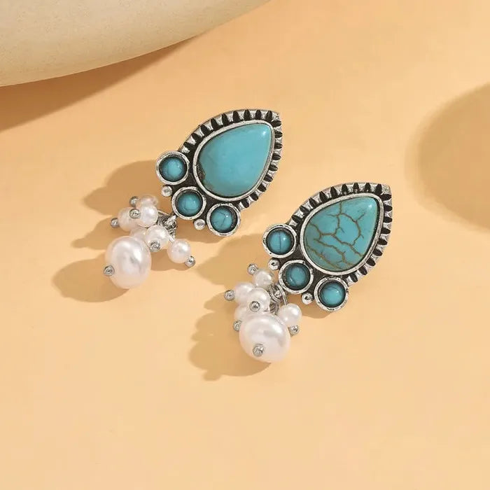 Bohemian Handmade Zinc Alloy Pearl Turquoise Pendant Drop Earrings for Women