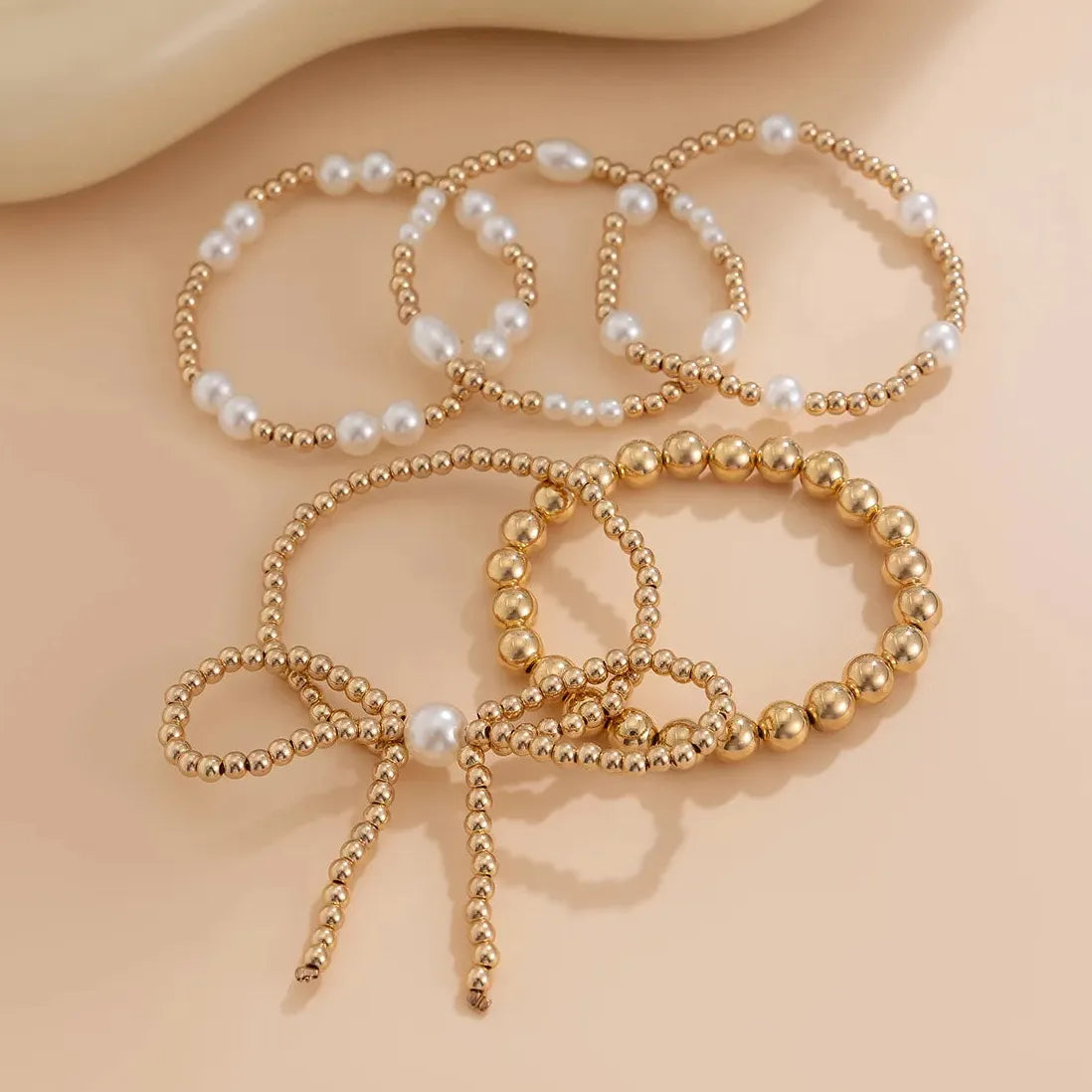 5Pcs Gold Beaded Bracelet Set Bowknot Bangle for Women Jewelry Gift