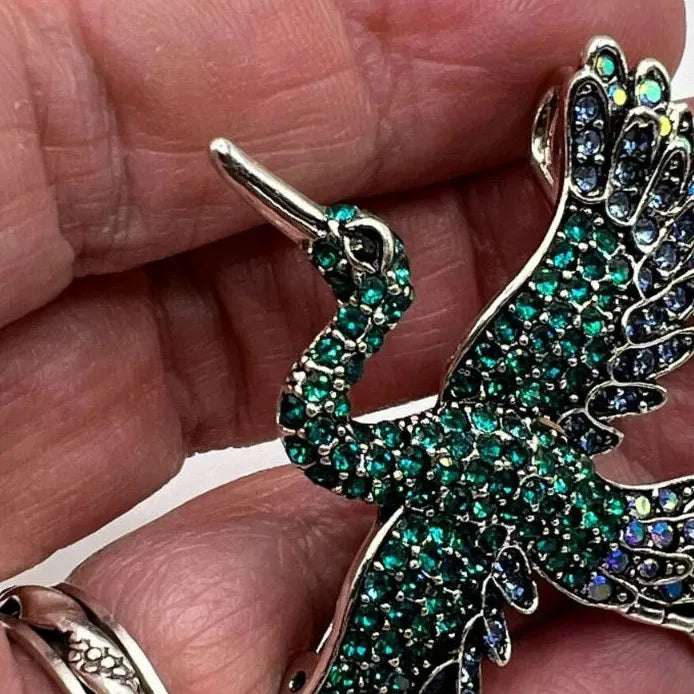 Heron Crane Bird Brooch for Women Green Rhinestone Animal Pin Jewelry