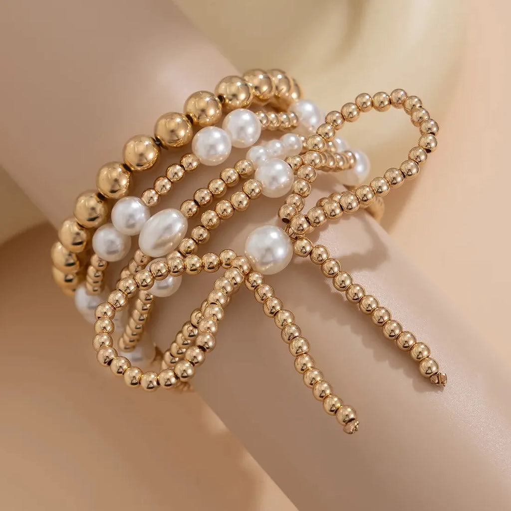 5Pcs Gold Beaded Bracelet Set Bowknot Bangle for Women Jewelry Gift