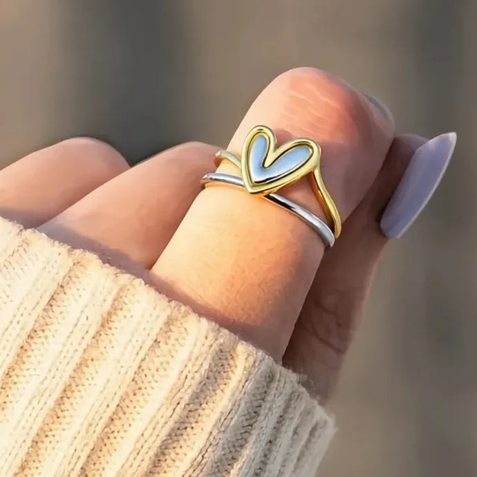 Romantic Two-tone Hollow Heart Brass Ring for Women Wedding Jewelry