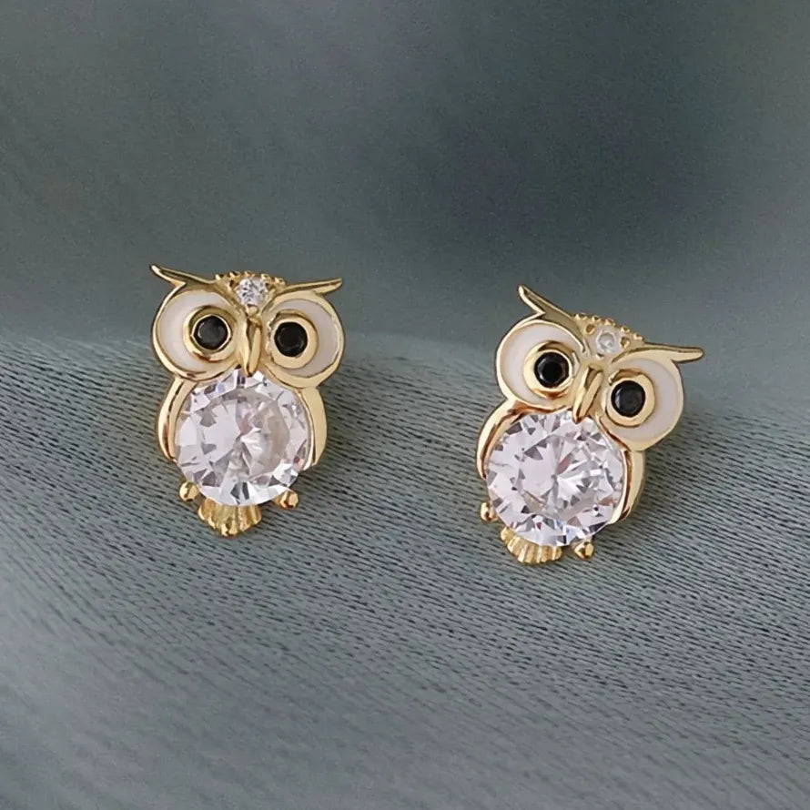 Gold Owl Stud Earrings Cute Night Owl CZ Copper Alloy Jewelry Gift for Women