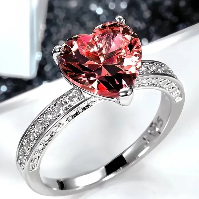 Luxury Women Heart Engagement Ring Brass Solitaire Pink Cubic Zirconia Anniversary Gift