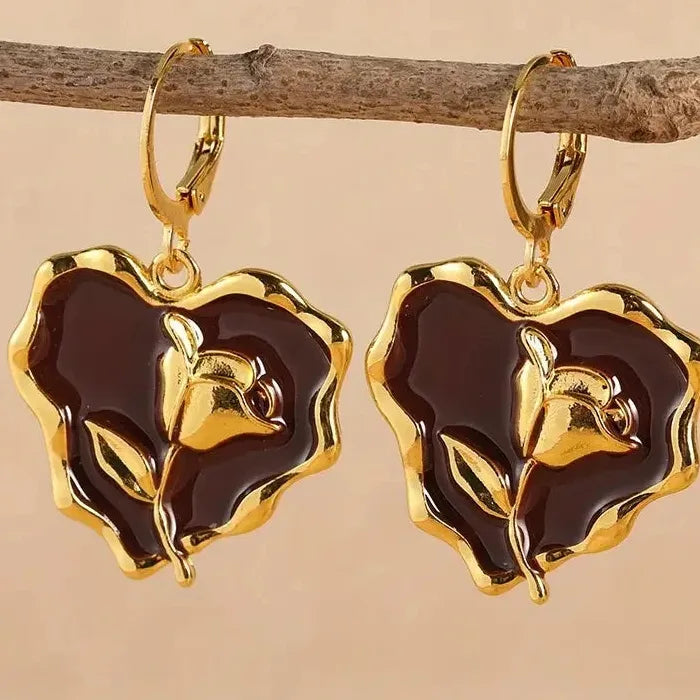 Golden Heart Flower Drop Earrings for Women Zinc Alloy Romantic Gift Jewelry