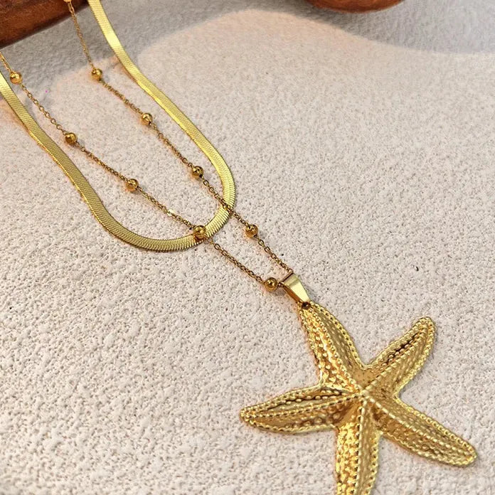 Retro Starfish Butterfly Pendants Polished Metal PVD Hypoallergenic Snake Chain Necklace