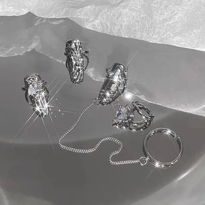 Adjustable Korean Style Geometric Silver Alloy Ring Set for Women Jewelry
