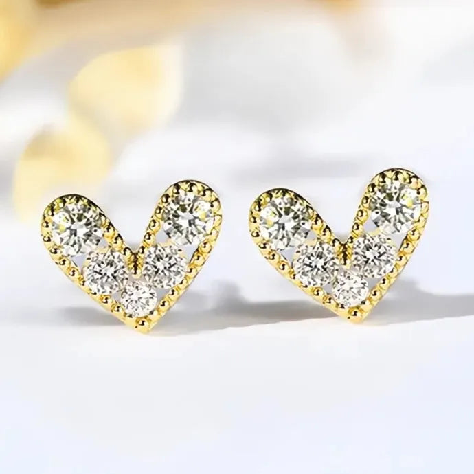 Gold Heart Stud Earrings Cubic Zirconia Love Jewelry Trendy Party Gift