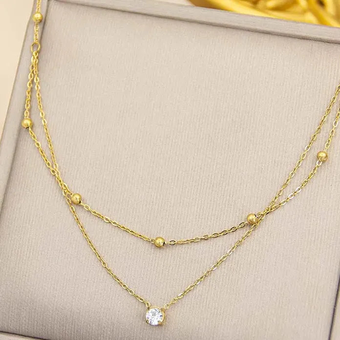 Stainless Steel Zircon Circle Pendant Necklace for Women Double Layer Durable Chain Waterproof