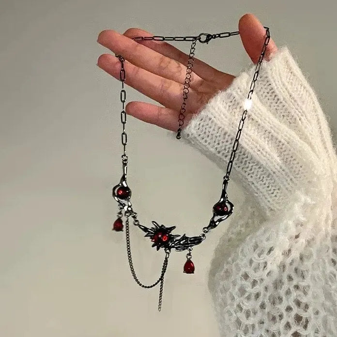 Black Stainless Steel Chain Necklace with Red Zircon Waterdrop Pendant