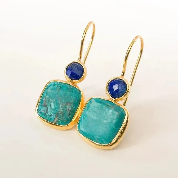 Vintage Gold Color Ornate Zinc Alloy Earrings Women Ethnic Turquoise Jewelry Gift