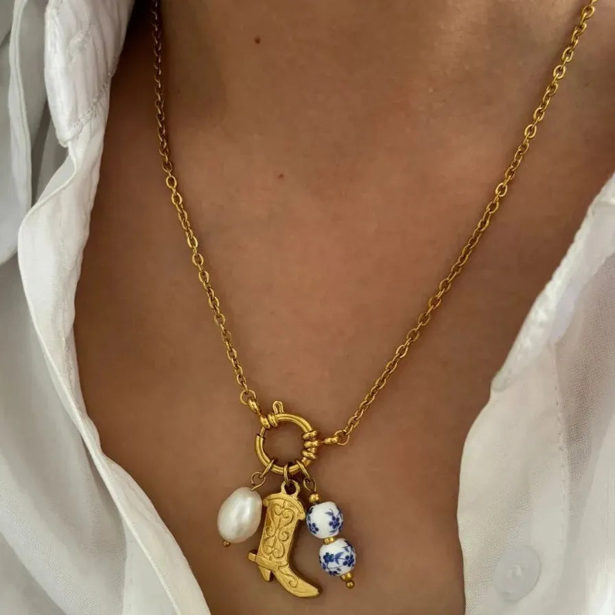 18k Gold Stainless Steel Cowboy Boot Pendant Necklace Pearl Choker Blue White Porcelain