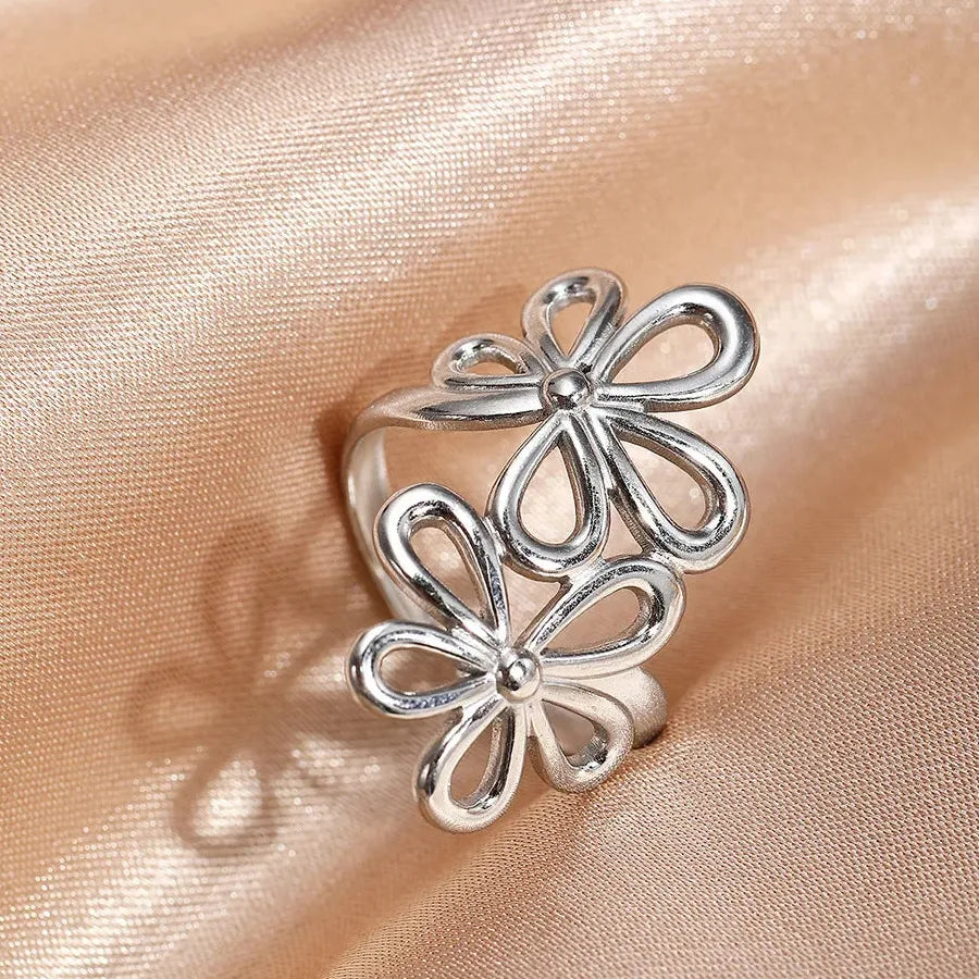 Vintage Stainless Steel Daisy Flower Ring Women Open Band Jewelry Gift