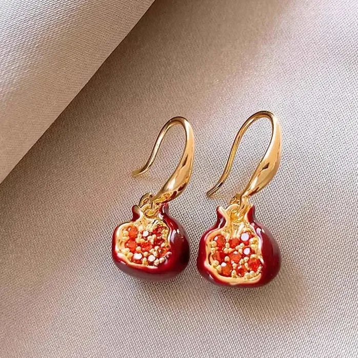 Vintage Red Pomegranate Gold C-Shape Hoop Earrings Necklace for Women Gift