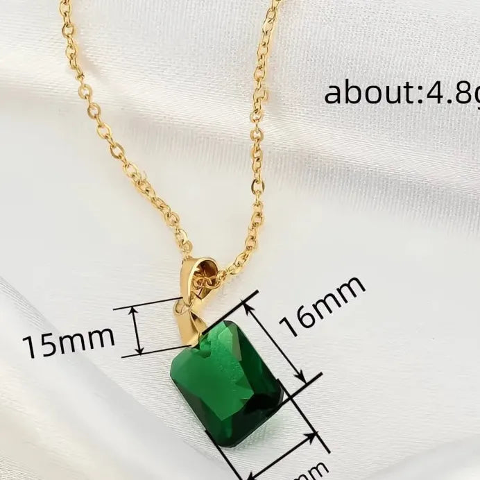 Gold Green Square Cubic Zirconia Pendant Necklace for Women Bridal Jewelry