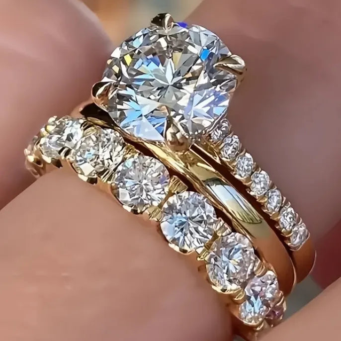 Charming Women’s 3-Piece Brass CZ Ring Set for Wedding Engagement Jewelry