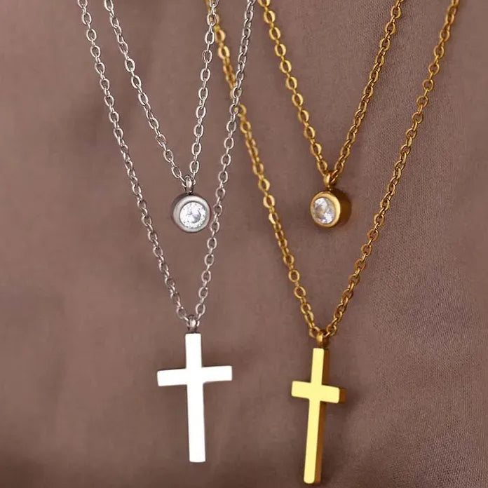 Stainless Steel Gold Cross Pendant Necklace for Women Double Layer Chain Jewelry Gift