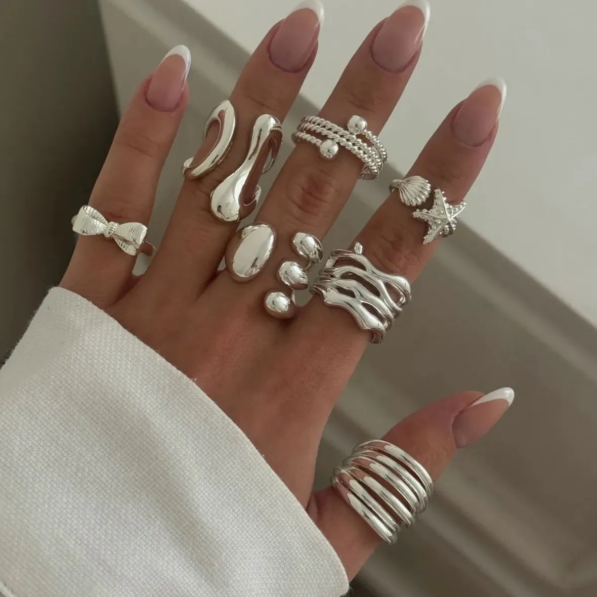 7Pcs Adjustable Geometric Bow Knot Starfish Rings Set Unisex Fashion Jewelry
