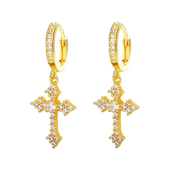 2Pcs Copper Cross Hoop Earrings for Men Women Rhinestone Jewelry